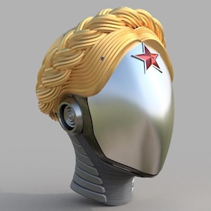 May include: A silver and gold robot head with a red star on the forehead and a braided gold hairpiece.