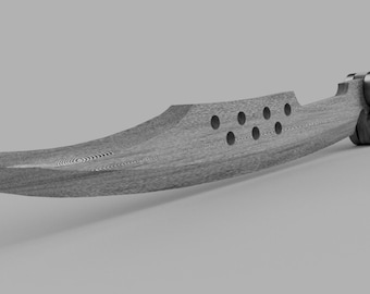 May include: A silver folding knife with a curved blade and a textured handle. The blade has a series of small holes along the top.