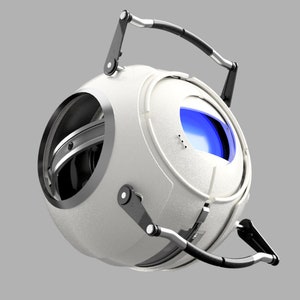 May include: A white spherical robot with black arms and a blue eye. The robot is designed with a mechanical look and has a textured surface.