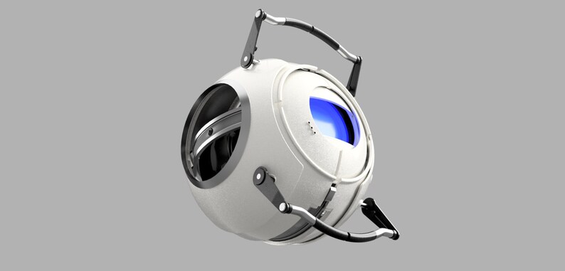 May include: A white spherical robot with black arms and a blue eye. The robot is designed with a mechanical look and has a textured surface.