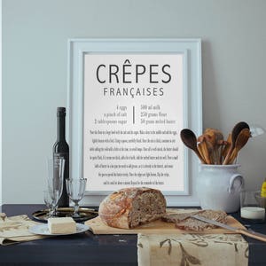 Printable Recipe, Graphic Art, French Crepes, Crepes Recipe, Black and White Print, Digital Download, Large Poster, Kitchen Decor, Cafe