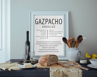 Receta imprimible, Arte gráfico, Gazpacho Andaluz, Receta Española, Impresión en blanco y negro, Descarga digital, Cartel grande, Decoración de cocina, Café