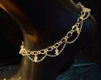 Brass Flat Figaro Ovals & Dainty Cable Chain Swarovski Crystal Dangle Drape Adjustable Anklets Set