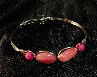 Stainless Steel Fuchsia Pink Malaysian Jade & Agate Wire Wrap Bangle/Bracelet