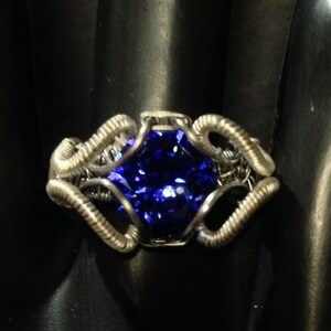 Stainless Steel Royal Blue Faceted Cubic Zirconia Wire Weave  Ring