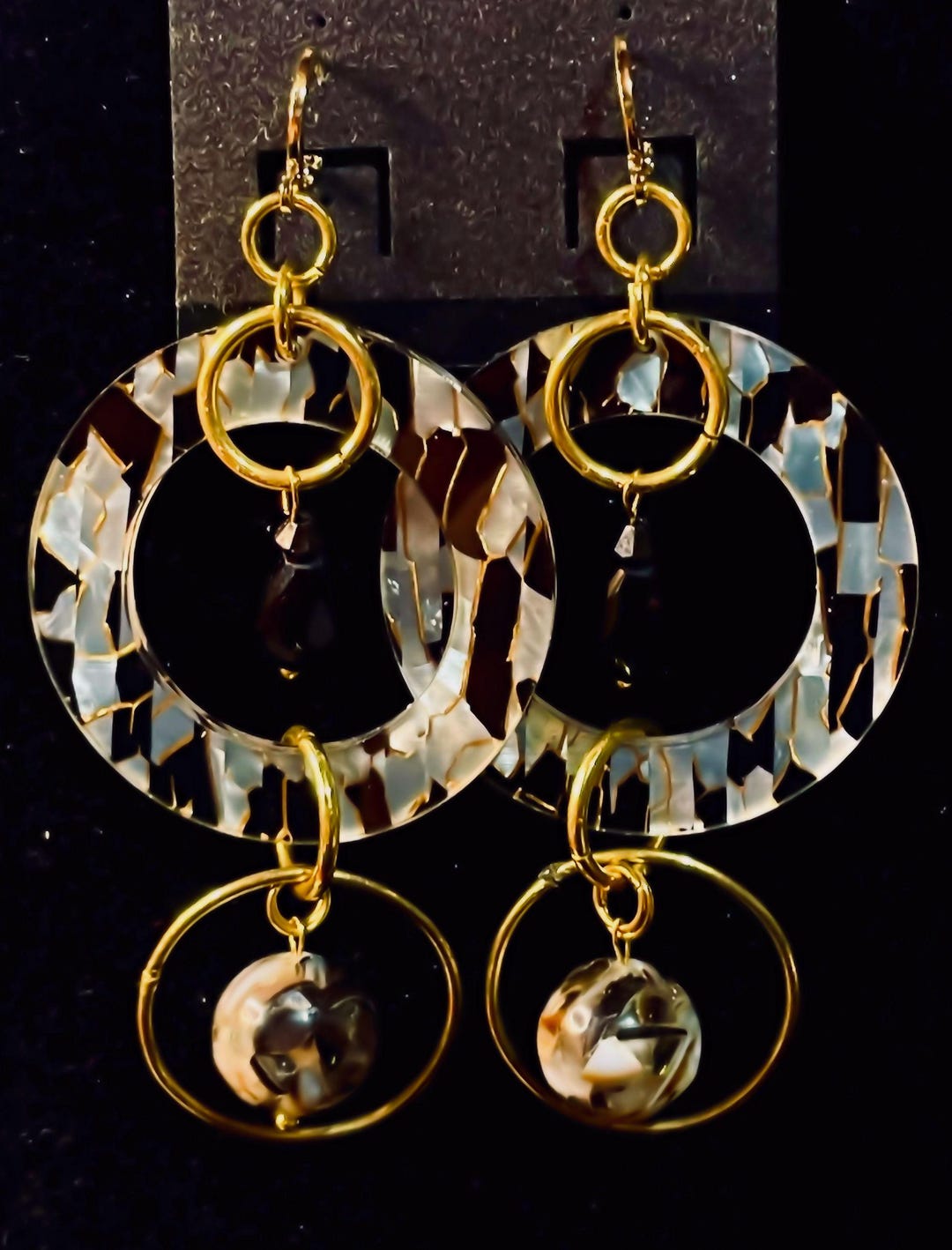 Brass Mother of Pearl & Black Lip Shell Dangle Jump Ring Zebra