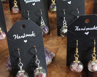 Glass Crystal ball with flowers Dangle Earrings, 1/2" Inch, multiple styles, witchy gift for her