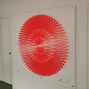 Florescent Red and white 3D geometrical, symmetrical, sculptural, spiritual, large round wall art ready to install square beautiful artwork