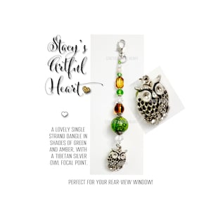 Green & Gold Owl Rear-View Mirror Charm, Car Charm, Jade Heart, Suncatcher, Car Accessories, Pendant, Guardian Angel Ornament