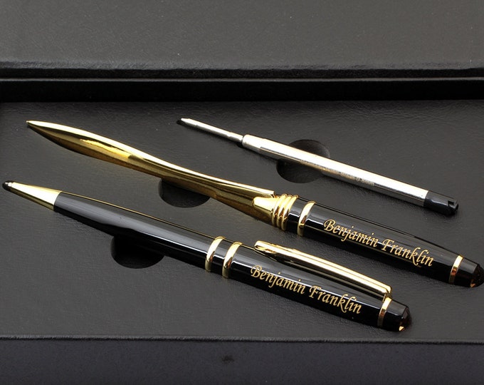 Custom Engraved Black Ballpoint Pen and Letter Opener Personalized Gift for Men, Women, Graduation, Birthday, Fathers Day, Gift Box Included