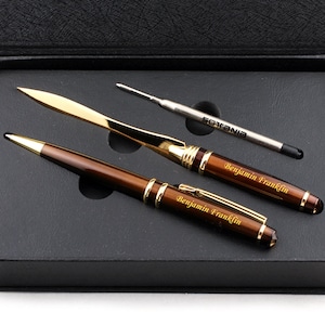 Custom Engraved Brown Ballpoint Pen and Letter Opener Personalized Gift for Men, Women, Graduation, Birthday, Fathers Day, Gift Box Included