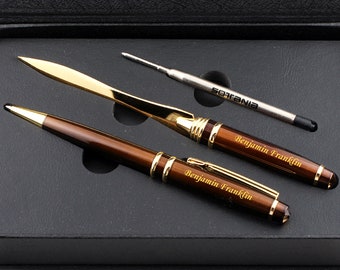 Custom Engraved Brown Ballpoint Pen and Letter Opener Personalized Gift for Men, Women, Graduation, Birthday, Fathers Day, Gift Box Included