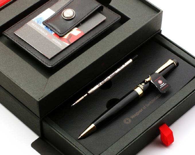 Engraved Gift Personalized Swiss Roller Ballpoint pen, Refillable Pen with Genuine Leather Pocket Money Clip Premium Gifts for men, women