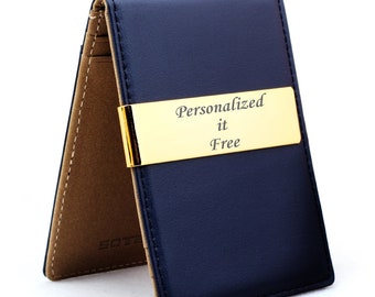 Free engraving - SOTANIA Swiss , 24K Gold, Mens Leather Money Clips ID Card Holder, Groomsmen Gift, Rfid Blocking, Free Customization( Navy)