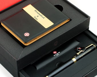 Free engraving - SOTANIA SWISS, 24K Gold, Mens Leather Money Clips, Roller Ballpen, Ballpoint pen, Groomsmen Gift, Free Customization