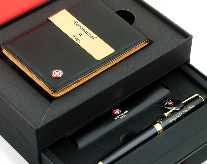 Free engraving - SOTANIA SWISS, 24K Gold, Mens Leather Money Clips, Roller Ballpen, Ballpoint pen, Groomsmen Gift, Free Customization