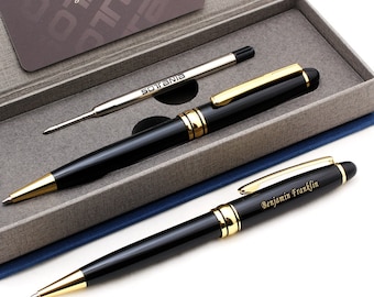 Free Engraving - Brass Ballpoint Pen, Engraved Pen, Black Refill, Custom engraved pen, Personalized Pen, Anniversary, Birth Day Gift (Gold)