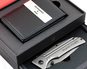 Free Engraving - Personalized Groomsmen Gift, Leather Money Clips, Folding Knife Blade, Stainless Steel Handle, Gifts for Men, Boy Friend