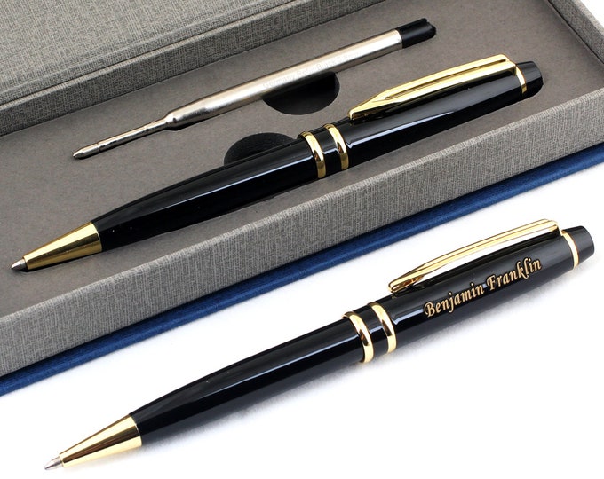 Custom Engraved Black Gold Ballpoint Pen Set Personalized Gift for Men, Women Refillable, Gift Box Included Graduation, Birthday Fathers Day