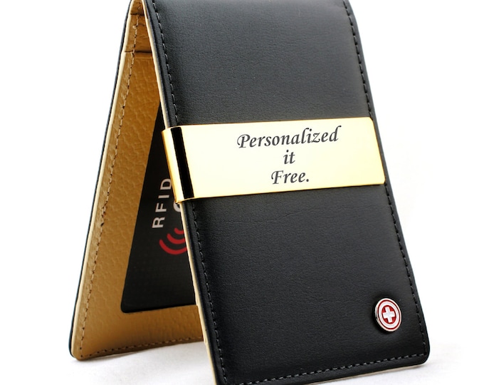 Free engraving - SOTANIA Swiss , 24K Gold, Mens Leather Money Clips ID Card Holder, Groomsmen Gift, Rfid Blocking, Free Customization(Black)