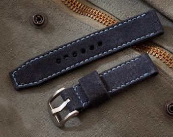 Black Cotton Canvas Watch Strap, Saddle Stitched in 20mm, 22mm, 24mm, 26mm Sizes