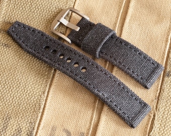 Stone Washed Black Cotton/Poly Blend Canvas Watch Strap  in 20mm, 22mm, 24mm, 26mm  sizes
