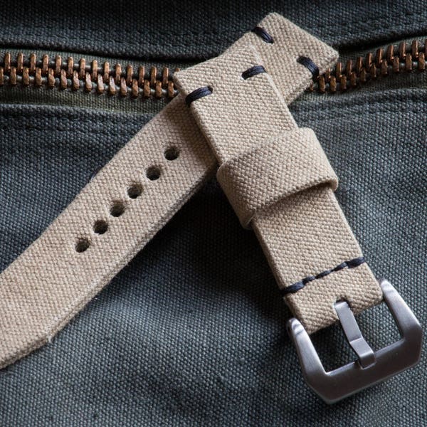 Khaki Canvas Watch Strap With Tack Stitching in 20mm, 22mm, 24mm Sizes