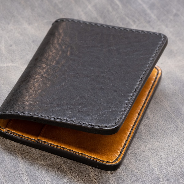 Minimalist Bi-Fold Wallet With Cash Slots and Credit Card Slots, Black Leather Exterior, Natural Horsehide Interior