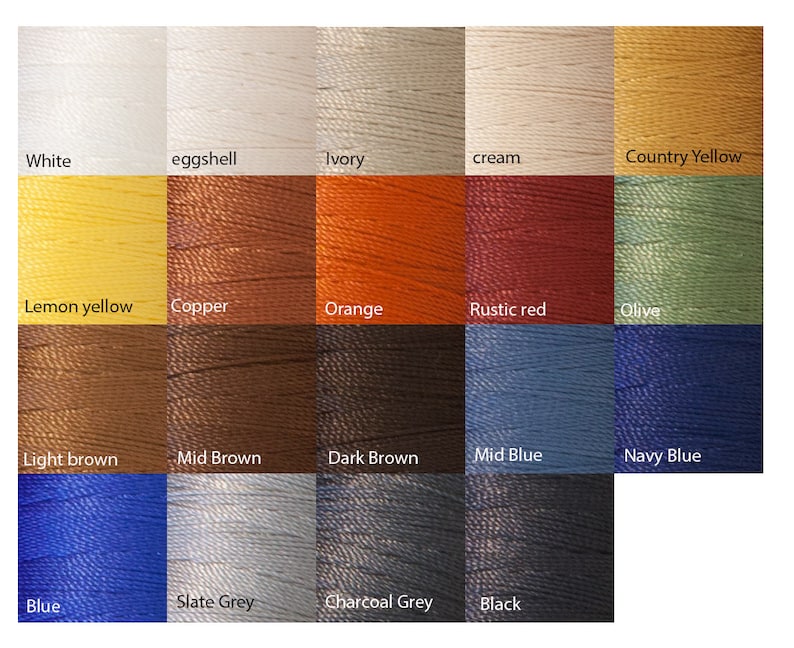 May include: A color chart showing 18 different thread colors, including white, eggshell, ivory, cream, country yellow, lemon yellow, copper, orange, rustic red, olive, light brown, mid brown, dark brown, mid blue, navy blue, blue, slate grey, charcoal grey, and black.