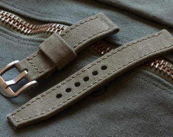 Vintage Olive Drab Military Canvas Watch Strap in 20mm, 22mm, 24mm, 26mm Sizes