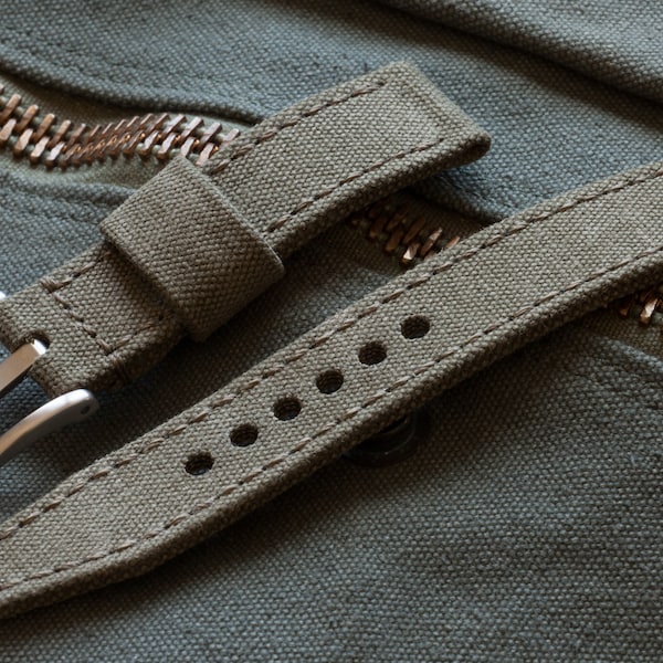 Vintage Olive Drab Military Canvas Watch Strap in 20mm, 22mm, 24mm, 26mm Sizes