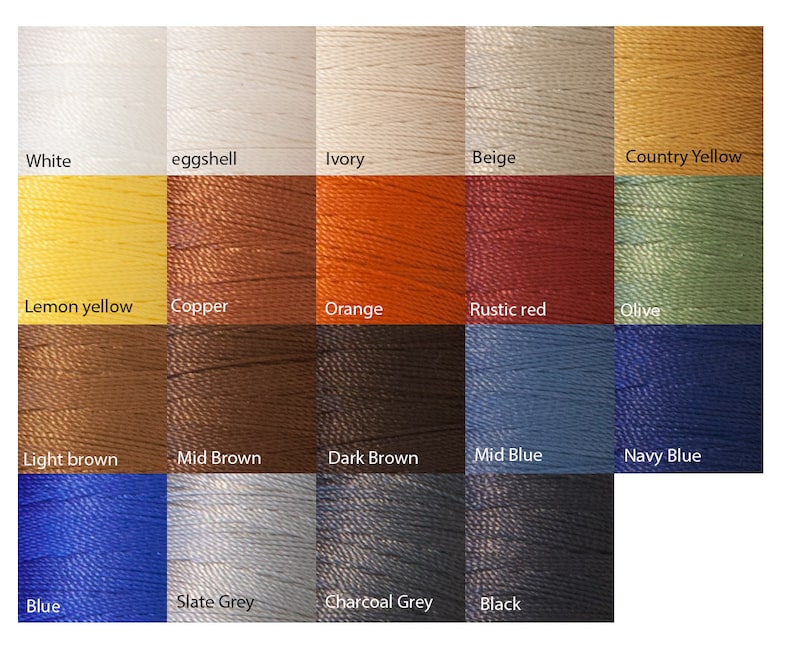 May include: A color chart showing 18 different thread colors, including white, eggshell, ivory, beige, country yellow, lemon yellow, copper, orange, rustic red, olive, light brown, mid brown, dark brown, mid blue, navy blue, blue, slate grey, charcoal grey, and black.