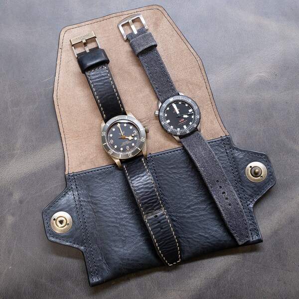 Estuche de viaje para dos relojes, piel fresada negra con forro de ante