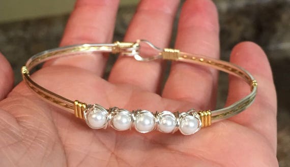 pearl wire bracelet silver, gold, or mixed. Great bridal gift or birthday or Mother’s Day women’s gift