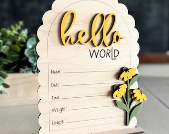 Floral Hello World Baby Announcement Sign | Wooden Birth Stats Plaque | Newborn Photo Prop | Baby Girl Announcement | Flower Nursery Decor