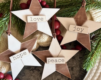 Rustic Star Christmas Ornament – Hand Painted Wood Ornament with Laser Engraved Word (Love, Joy, Peace, Hope) – Farmhouse Holiday Tree Decor