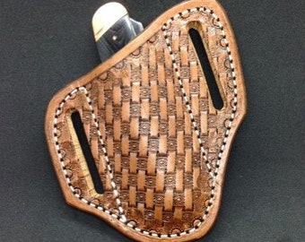 Extreme Quality Basket weave Hand tooled knife sheath . for Trapper and Stockman style knives