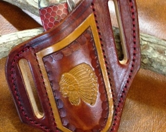 Hand tooled Indian Chief slotted belt sheath for Trapper & Stockman pocketknives
