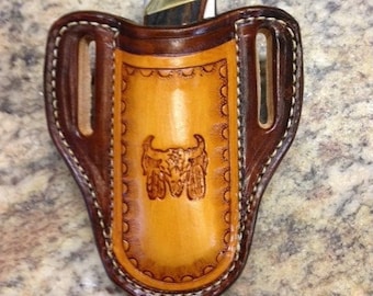Vertical Cowskull with Feathers sheath for the Buck 110 Folder knife