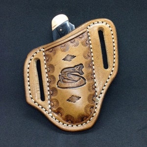 Tooled Rattle Snake Trapper Style Pancake Knife Sheath