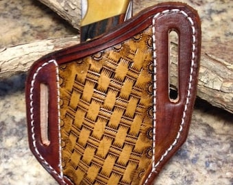 Tooled Basketweave pancake style sheath for the Buck 110 knife