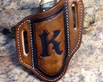 Monogrammed Custom Tooled leather Sheath for the Buck 110 Knives and the full size Sod Buster knives