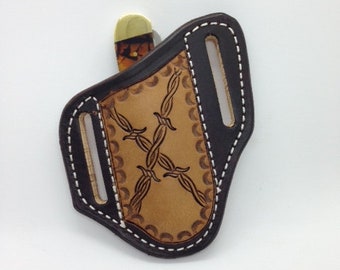 Barbwire  Tooled Pancake Style Trapper Knife Sheaths