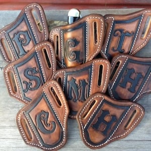 Our 1 Seller , Quality hand Tooled Monogrammed Trapper Style knife Sheaths for men or women image 1