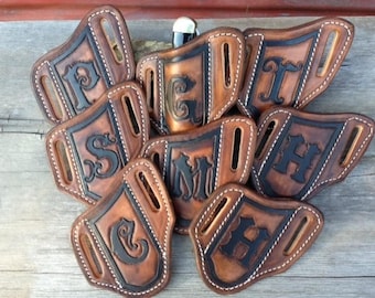 Our #1 Seller , Quality hand Tooled Monogrammed Trapper Style knife Sheath