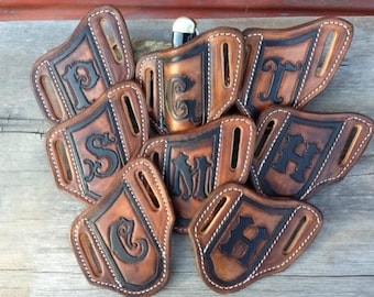 Our #1 Seller , Quality hand Tooled Monogrammed Trapper Style knife Sheaths for men or women