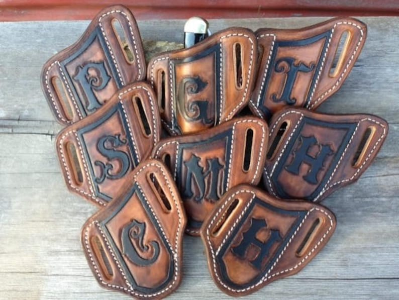 Our 1 Seller , Quality hand Tooled Monogrammed Trapper Style knife Sheaths for men or women image 1