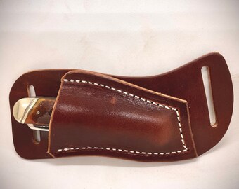 Russet finish Cross Draw sheath for Trapper and Stockman style knives