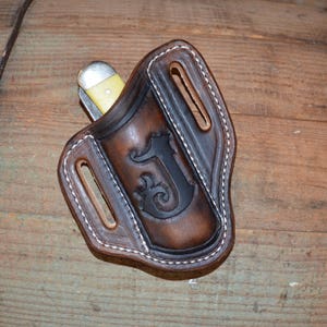 Our 1 Seller , Quality hand Tooled Monogrammed Trapper Style knife Sheaths for men or women image 2