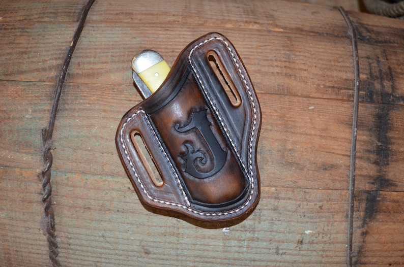 Our 1 Seller , Quality hand Tooled Monogrammed Trapper Style knife Sheaths for men or women image 2